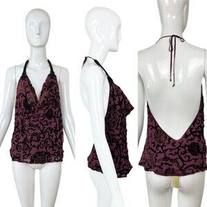 ROBERTO CAVALLI 2004 Vintage Silk + Velvet Beaded Halter Top